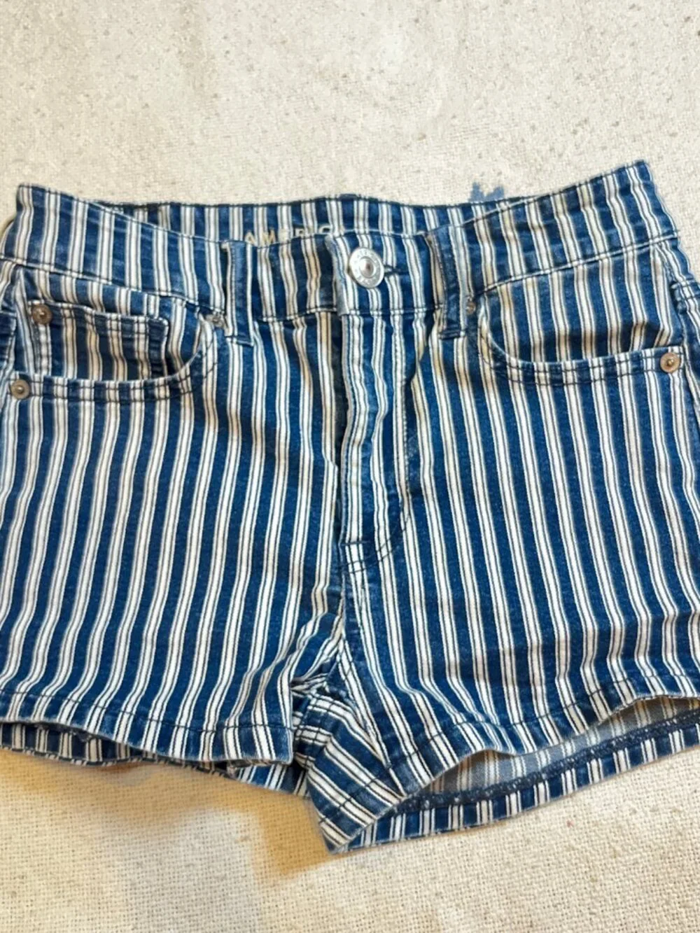 blue and white pinstripe american eagle high waisted denim cotton mini shorts